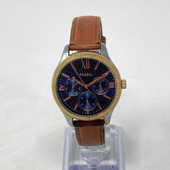 Fossil Rye Watch Women 36mm Silver Gold Tri Tone Blue Dial BQ3765 New Battery main image 5